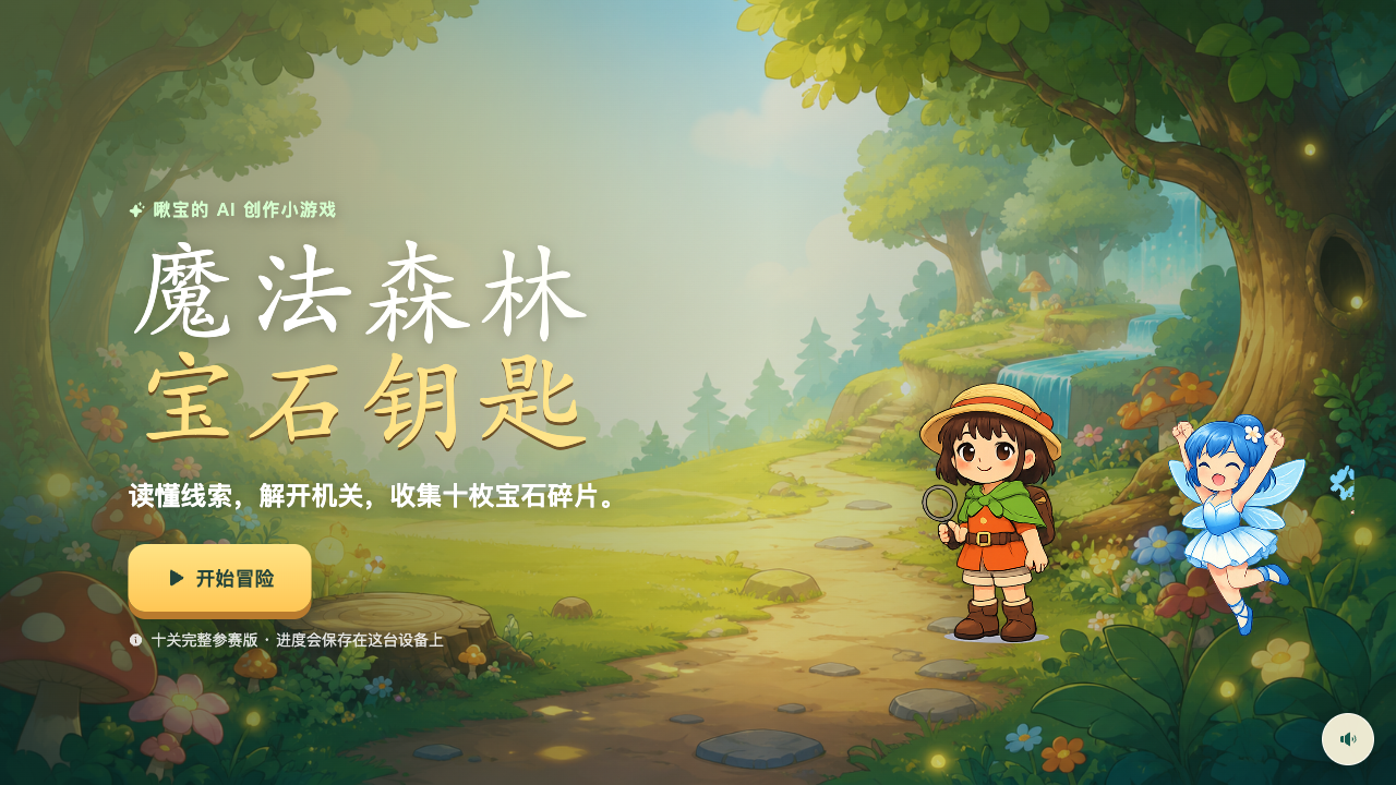 魔法森林：宝石钥匙游戏首屏，展示游戏标题、探险者与小精灵